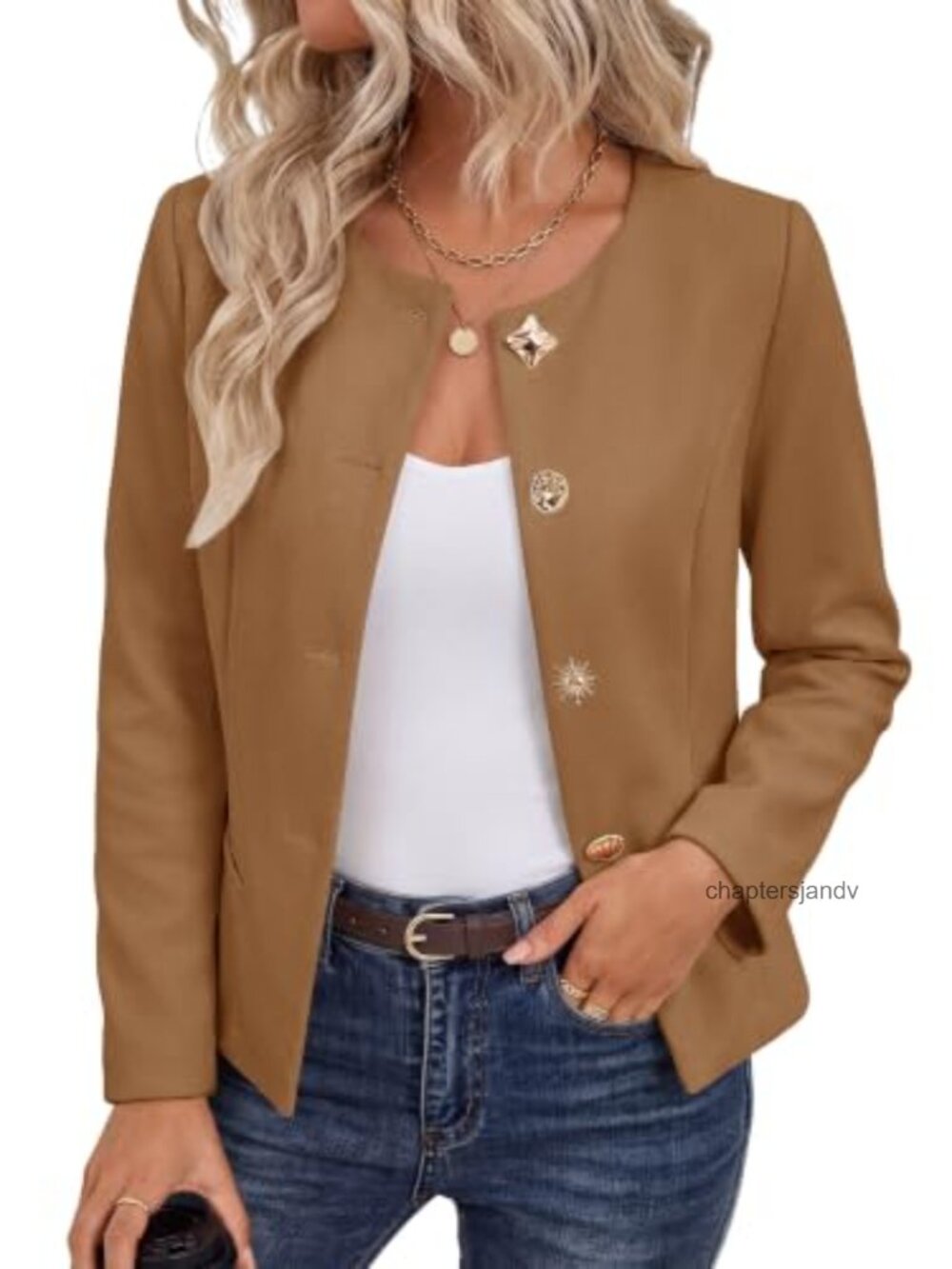 Faux Suede Collarless Cropped Blazer Gold Tone Buttons Business Casual